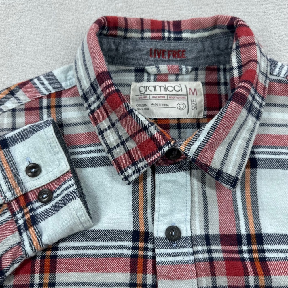 Gramicci Flannel Shirt Mens Medium Red White Plaid Long Sleeve Cotton Gorpcore